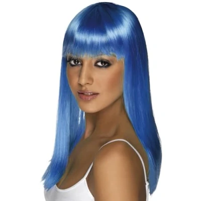 Image of Smiffys Glamourama Wig, Neon Blue Long, Straight with Fringe, Ladies Glamour Wigs Fancy Dress, Adult Dress Up