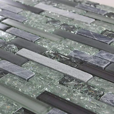 Image of Luxury Textured Grey, Khaki Crackled Glass &amp; Stone Mosaic Wall Tile Sheet 8mm
