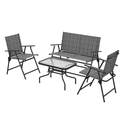 Image of Outsunny Outdoor 4 Pieces Patio Furniture Set with Breathable Mesh Fabric Seat &amp; Backrest, Garden Two Foldable Armchairs, a Loveseat Glass Top Table, Mixed Grey