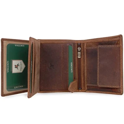 Image of VISCONTI Men&#039;s Medium Leather Wallet RFID Protected 8 Credit Card Slots, Note Section &amp; Coin Pocket Gift Boxed 708 Spear Oil Tan