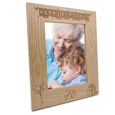 Image of 70th Birthday Photo Frame Portrait Wooden Engraved Bunting Style Gift (4 x 6 Inch)