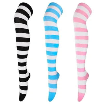 Image of Chalier Womens Knee High Socks stretchy striped Stocking Thigh 2 or 3 Pairs, One Size, Grey/Black/White (3 Pairs(Wide Stripes))