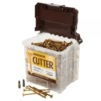 Image of Reisser 8221550PB Cutter Pozi Countersunk Yellow Coated Woodscrew 600 Pieces with 2 PZ2 Bits, 5 mm Diameter x 50 Length