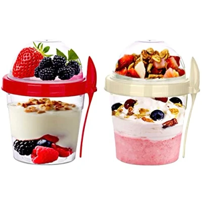 Image of VL Yogurt Cup &amp; Spoon 500Ml Reusable Breakfast Pots Parfait Cups With Lid Cereal Snack Overnight Oats Dishwasher Safe Lunch Box Oatmeal Jars Travel Meal Prep Food Container (Set of 2 Red, Cream)