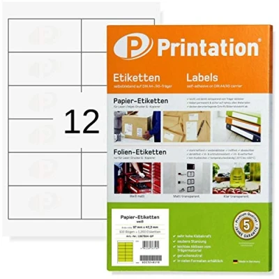 Image of Printation White Address Labels, 300 on 25 A4 Sheets, Universal, Self Adhesive, 97x42.3 mm, Blank, Premium Paper, Laser, Inkjet Printer Compatible