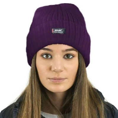 Image of RockJock Ladies Womens Warm Winter Lined Beanie Hat with R40 Thermal Insulation DKPURPLE
