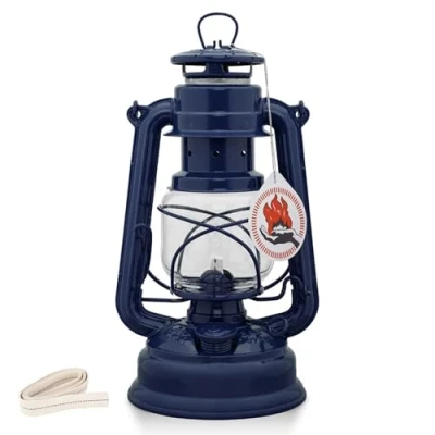 Image of Feuerhand 276 Outdoor Hurricane Oil Lantern German Made Since 1893, Paraffin Lamp with Galvanized Steel, Rust Resistant Kerosene, 300ml Tank, 20 Hour Burn, Safe Hanging or Table Use, Cobalt Blue