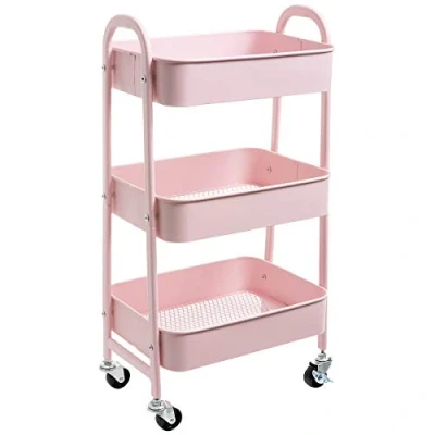 Image of DOEWORKS Storage Cart 3 Tier Trolley Kitchen Beauty Metal Rolling Organizer on Wheels for Bedroom Makeup Bathroom Office, Light Pink