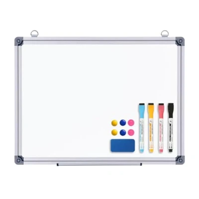 Image of simpa Magnetic Dry Wipe Whiteboard with Silver Aluminium Frame and Pen Tray, 4PC Pens, 6PC Magnets &amp; White Board Eraser 40cm (W) x 30cm (H)