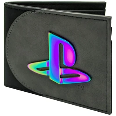 Image of Original Hardware PS5 Triangle Square Iconic Iridescent Metal Emblem Wallet Bi Fold ID &amp; Card Holder, Grey