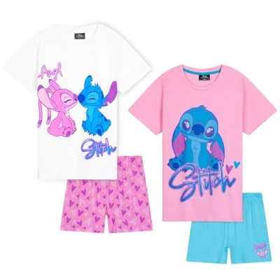Image of Disney Stitch Girls Short Pyjama Sets, Cosy Breathable Loungewear Gifts (Pink/Blue 2 Pack, 13 14 Years)