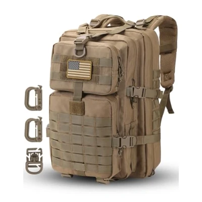 Image of Hannibal Tactical 40L MOLLE Assault Pack, Backpack Military Army Camping Rucksack, 3 Day Pack Trip w/USA Flag Patch, D Rings, Coyote