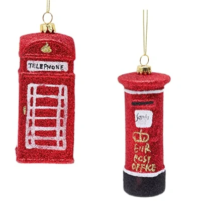 Image of Toyland® Pack of 2 12cm Glittery Traditional British Phone Box &amp; Letter Shaped Christmas Baubles Tree Decorations