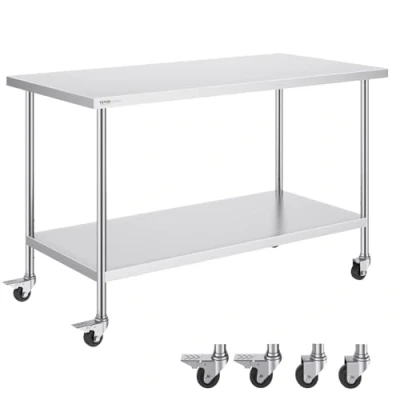 Image of VEVOR with 4 Wheels, 3 Adjustable Height Levels, Heavy Duty Food Prep Worktable for Commercial Kitchen Restaurant, Silver, 30 x 60 38 inch
