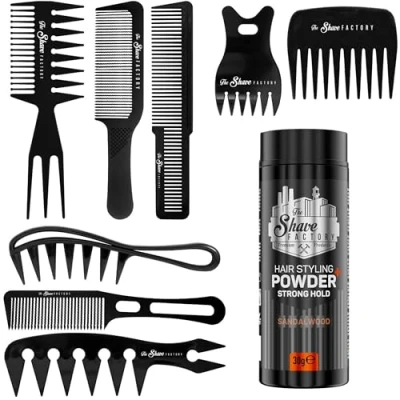 Image of The Shave factory hair Styling Powder Mattifying and Volumizing Powder, with comb types suitable for all areas of use, wax (Comb Set &amp; Strong Hold 30gr)