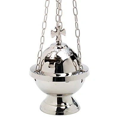 Image of NKlaus incense burner with cross chain 80cm nickel plated brass 7617