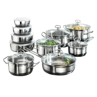 Image of Karcher Jasmin Cookware Set with Pan, Stainless Steel, 20 Piece glass Lids and 4 Bowls