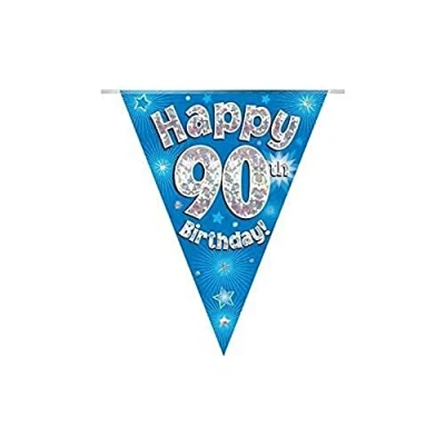 Image of Party Bunting Happy 90th Birthday Blue Holographic 11 flags 3.9m