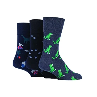 Image of SockShop Gentle Grip Mens Fun Feet Soft Top Novelty Patterned Breathable Cotton Socks in a Multipack of 3 Dinosauria 6 11