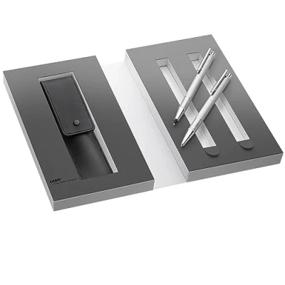 Image of Lamy 1230490 Set Retractable Ballpoint Pen and Mechanical Pencil with Leather case in Gift Box M 206/106 Brushed, Silver
