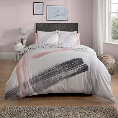 Image of Sleepdown Abstract Brush Strokes White Blush Pink Charcoal Grey Reversible Duvet Cover Quilt and Pillow Cases Bedding Set Soft Easy Care King (230cm x 220cm), Polycotton