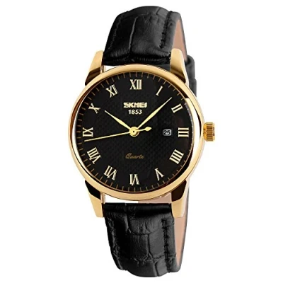 Image of Skmei 9058 Women&#039;s Leisure Business Leather Band Waterproof Calendar Couple Wristwatch(Gold Black)