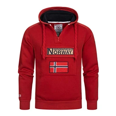 Image of Geographical Norway GYMCLASS Men&#039;s Kangaroo Pocket Hoodie Sweatshirt with Brand Logo and Long Sleeves, red, L