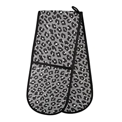 Image of PUXUQU Oven Gloves Double Mitts Gloves, Grey Leopard Print Heat Resistant for Baking BBQ Kitchen Cooking