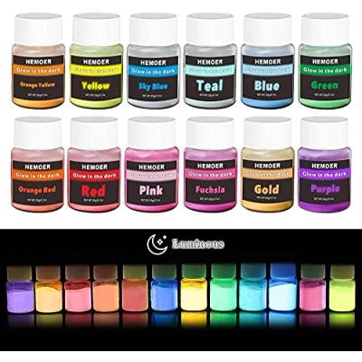 Image of HEMOER Glow in The Dark Pigment Powder, 12 Colors Luminous Powder Skin Safe Long Lasting Self Glowing for Nails, DIY Craft, Epoxy Resin, Face, Body Art, Halloween Christmas Decor 0.7oz/Bottle
