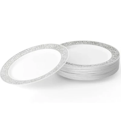 Image of MATANA 20 Premium Small Plastic Dessert Plates, Multi Use with Silver Lace Rim 18cm / 7&quot; Perfect Party Plates for Starters, Side Dishes at Weddings, Birthdays, Events