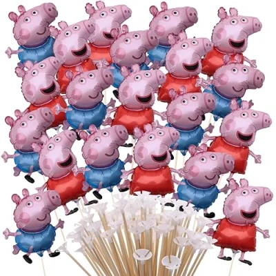 Image of Toyland® Pack Of 20 Peppa &amp; George Pig Mini Character Balloons Sticks And Cups Included Birthday Party Decorations