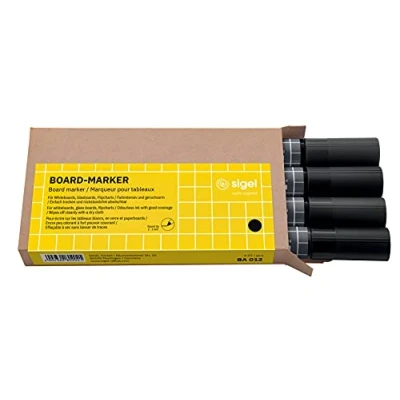 Image of SIGEL BA012 Set of 4 Glass / WhiteBoard markers, erasable, &quot;cap off&quot; ink, Ø 2 3 mm bullet tips, Black
