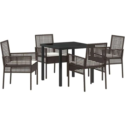 Image of vidaXL 5 Piece Garden Dining Set with Cushions Brown Poly Rattan