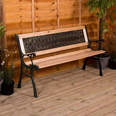 Image of Home Discount Garden Vida Bench, Cross Style Design 3 Seater Outdoor Furniture Seating Wooden Slats Cast Iron Legs Park Patio Seat