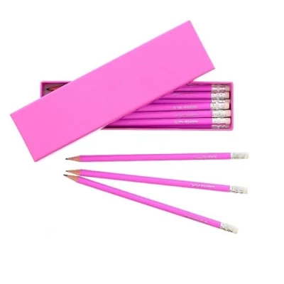 Image of Custom Personalised 12 HB Pink Pencil and rubber with Box. Back to school, birthdays,
