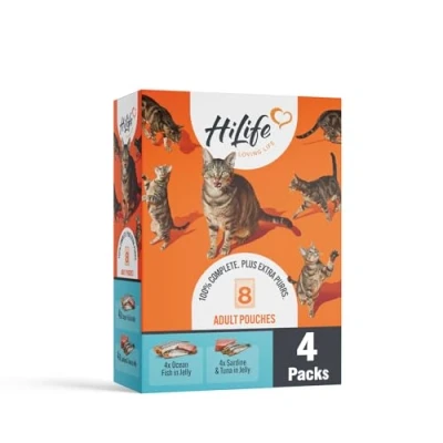 Image of HiLife Adult Wet Cat Food, Mixed Ocean Fish in Jelly Recipes, Complete Food Pouches, 100% Natural &amp; Grain Free, / Sardine with Tuna (8 x 70g Pouches)