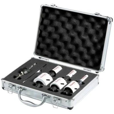 Image of Makita E 12310 EZYCHANGE Hole Saw Set 7 Pieces in Aluminium Case, Bi Metal HSS Co Saws Diameter 16 51 mm, Cutting Depth 44 for Wood, Metal, Aluminium, Stainless Steel, Plastic