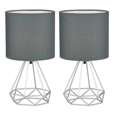 Image of firstchoicelighting Set of 2 Silver Table Lamps or Bedside Lights, Modern Geometric Design, Grey Fabric Shade, 32cm Height, LED Compatible
