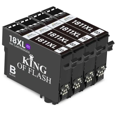 Image of KING OF FLASH Replacement for Epson 18 18XL Black Ink Cartridges Compatible Expression Home XP 425 422 415 412 325 322 315 312 225 215 212 405 (4 Black)