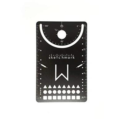 Image of Sketchmark Original: Stainless Steel Bookmark Stencil Credit Card Tool with 11+ Features, Ruler, Compass, Protractor, Bullet Journaling, Bookmark, and More