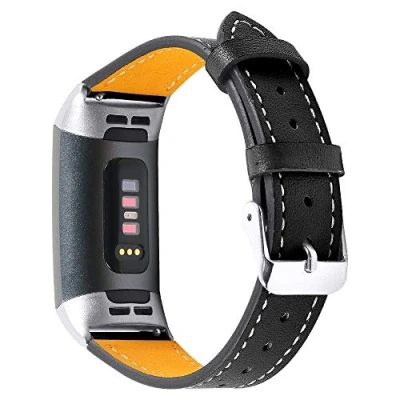 Image of INF Black Leather Strap for Fitbit Charge 3 4 Classic Replacement Band