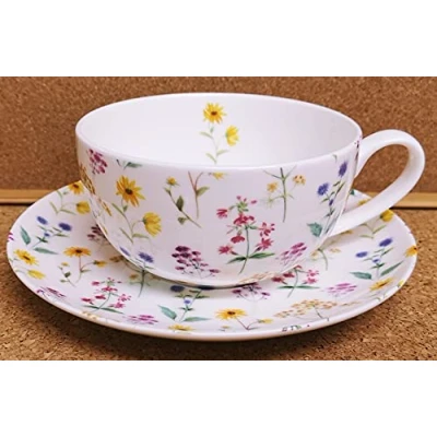 Image of Meadow Flowers Breakfast Cup &amp; Saucer Fine Bone China Cappuccino Coffee Multicolour Floral Set Hand Decorated in UK