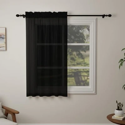 Image of Pacok Black Voile Curtains, 54 Drop Net Curtain for Windows, Rod Pocket Sheer Panel Curtains Living Room Kitcken Bedroom W56xL54 Inch(Black, 142 x 137cm)