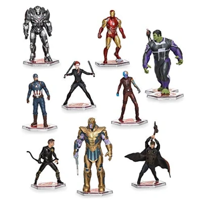 Image of Disney Store Official Avengers: Endgame Deluxe Figurine 10pce Playset Marvel containing 10 plastic moulded figurines wearing Avengers movie inspired outfits Suitable for Ages 3+
