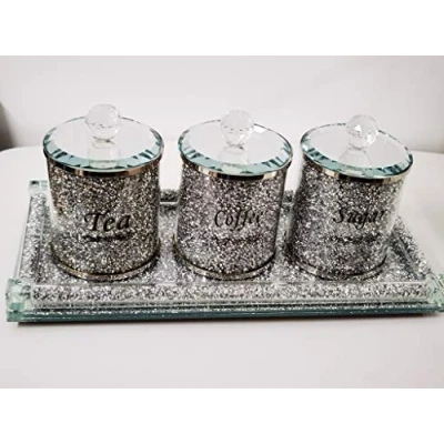 Image of Biznest Set Of Diamond Crushed Tea Coffee Sugar Jars &amp; Full Rectangle Tray Candle Holder 39X18Cm