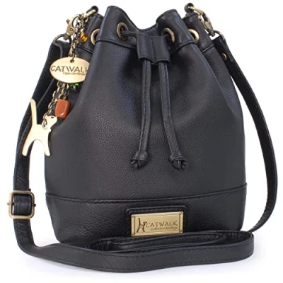 Image of Catwalk Collection Handbags Women&#039;s Leather Crossbody Bag Drawstring Bucket Small/Medium Adjustable Shoulder Strap ROCHELLE Black