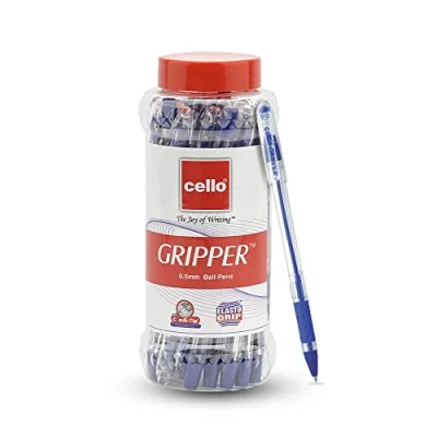 Image of Cello Gripper Blue Ballpoint Pen, 25 Pack with Reusable Jar, Fine Writing Experience, Soft Grip, Transparent Barrel, Button Closure, 0.5mm, Water Based Ink, Cylindrical, Ambidextrous
