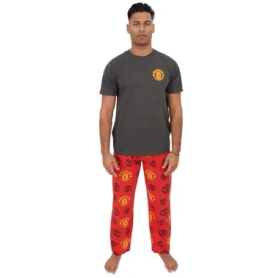 Image of Manchester United Official Licensed FC Mens Pyjamas Set, Football Gifts for Men Pjs Sets Cotton Lounge Set Grey