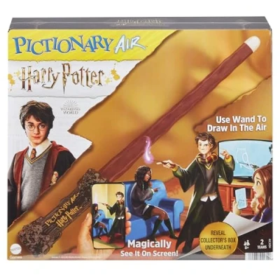 Image of Mattel Games PICTIONARY AIR HARRY POTTER Family Drawing Game, Wand Pen, 112 Double Sided Clue Cards, Trunk Card Holder, Collector Package. For 8 Year Olds &amp; Up, UK version, HDC59