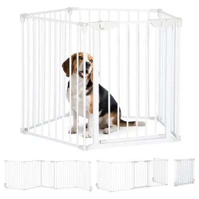 Image of PawHut Pet Safety Gate 5 Panels Playpen Metal Fence w/ Walk Through Door White